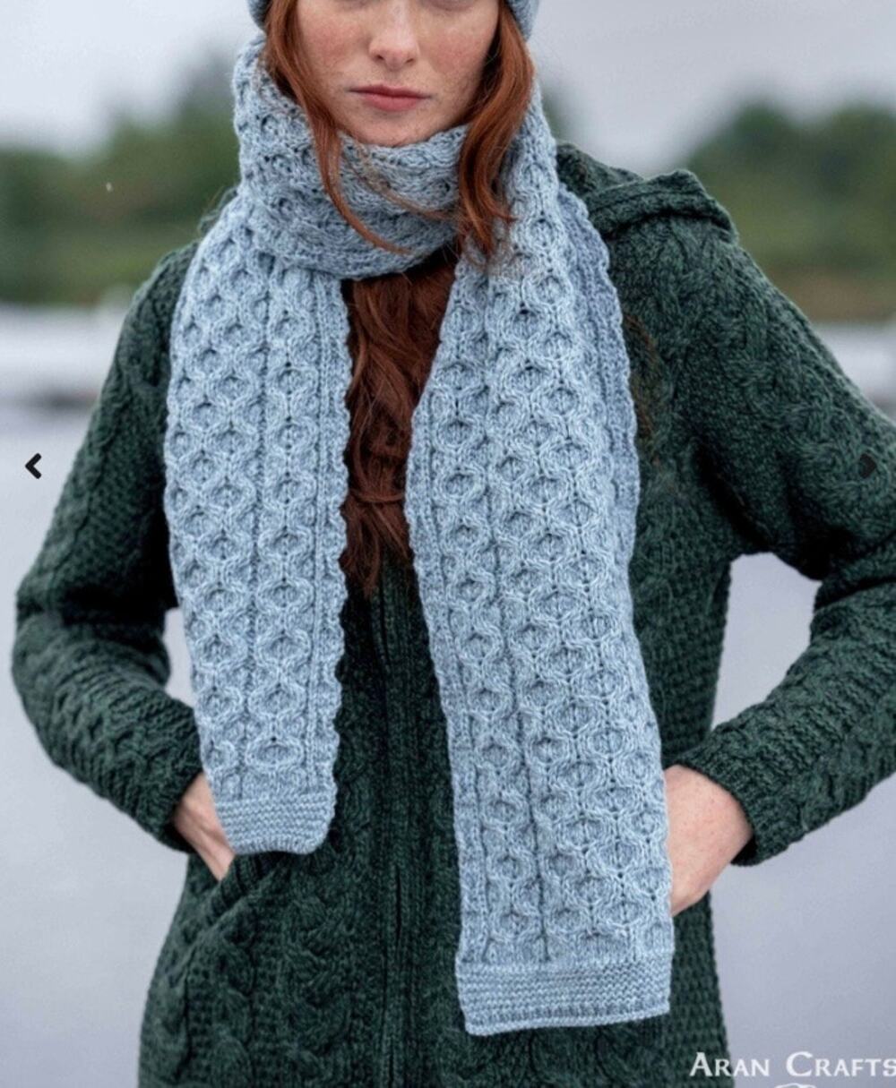 Aran Crafts Traditional Merino Wool Honeycomb Scarf Light Blue